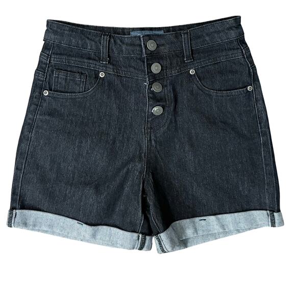 Modcloth Navy Blue Dark Wash Button Fly High Rise Stretch Cuffed Shorts size 4 - Picture 1 of 8